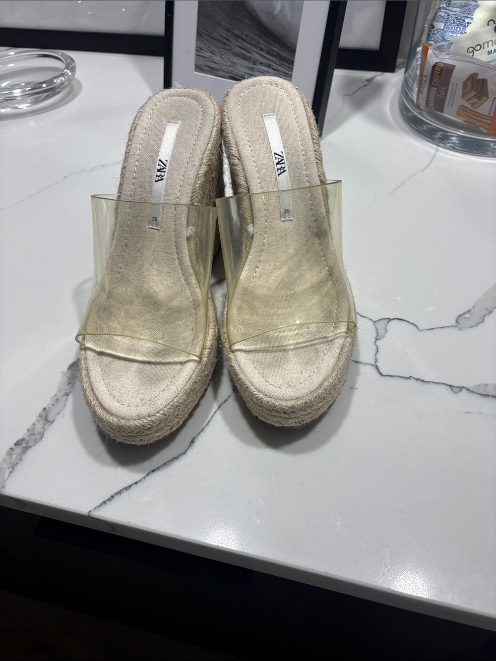 Zara Clear Strap Espadrille Wedge Sandals in Beige. Wore once.